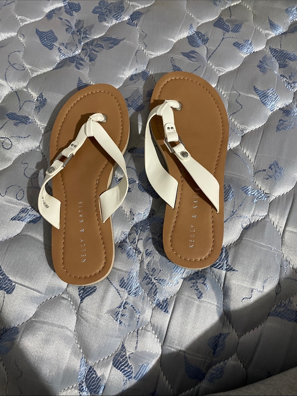 Kelly & Katie White Leather T-Strap Sandals with Tan Footbed